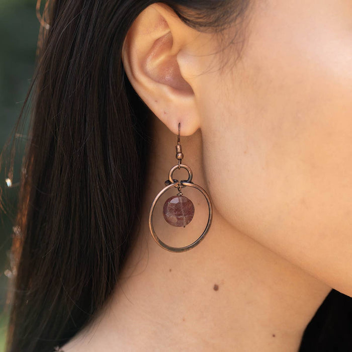 Banjara Earrings - Copper Rings and Strawberry Quartz