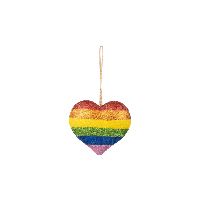 Wood Heart Orn, Rainbow Glitter