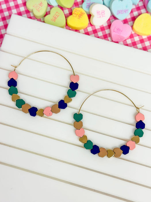 Heart-Bead Chevron Hoop Earrings: Pink