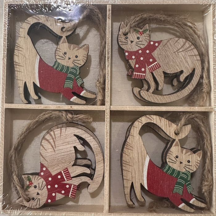 Boxed Set of 8 Wooden cat Ornaments