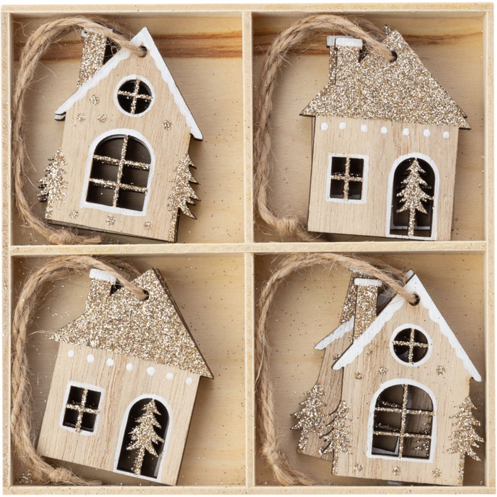 Set of 8 Natural Wood House Ornaments