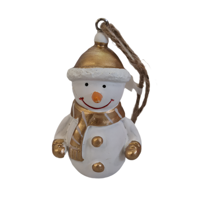 Gold and White Painted Resin Snowman Ornament