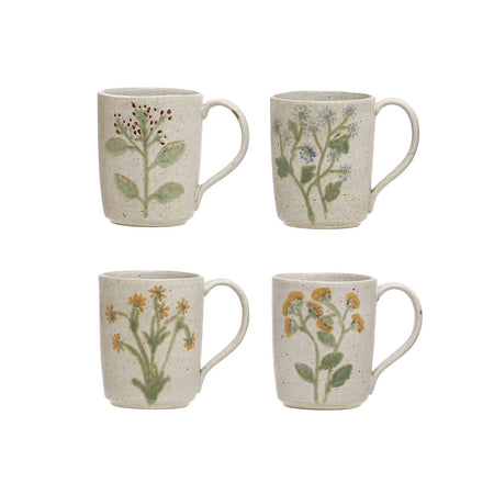 12 oz. Hand-Painted Stoneware Mug w/ Botanicals, 4 Styles (Each One Will Vary)