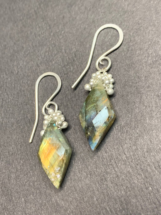 Labradorite Caviar Dew Drop Earrings in Sterling Silver