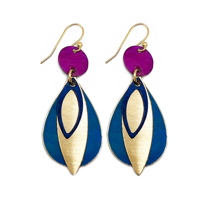 Brass Patina Earrings - Fuschia and Blue Layered Teardrop