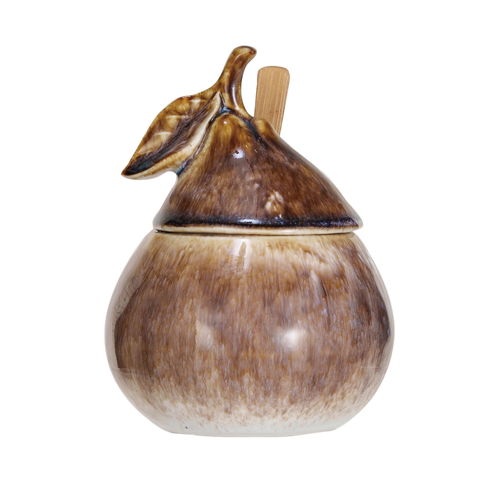 Stoneware Pear Shaped Sugar Pot w/ Wood Spoon