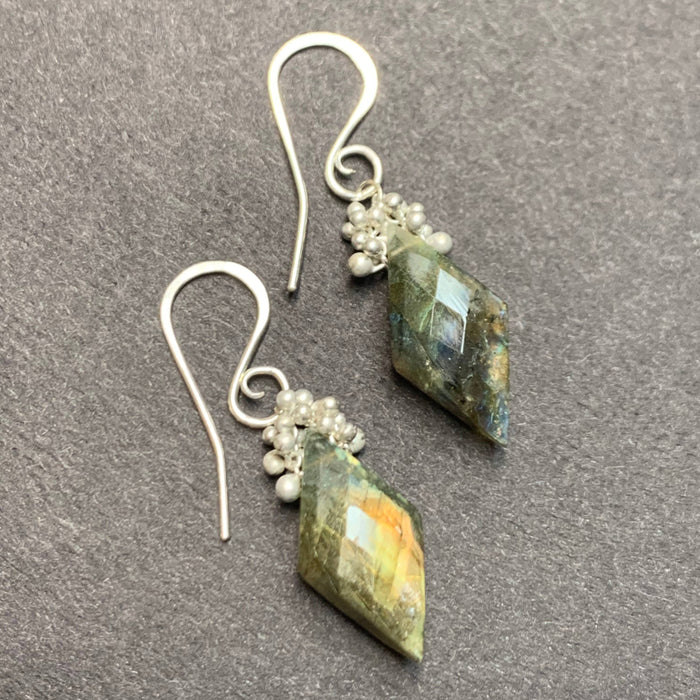 Labradorite Caviar Dew Drop Earrings in Sterling Silver