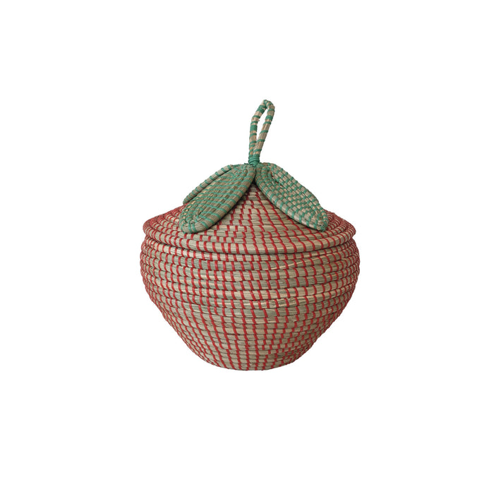 Hand-Woven Seagrass Strawberry Shaped Basket w/ Lid, Green & Pink