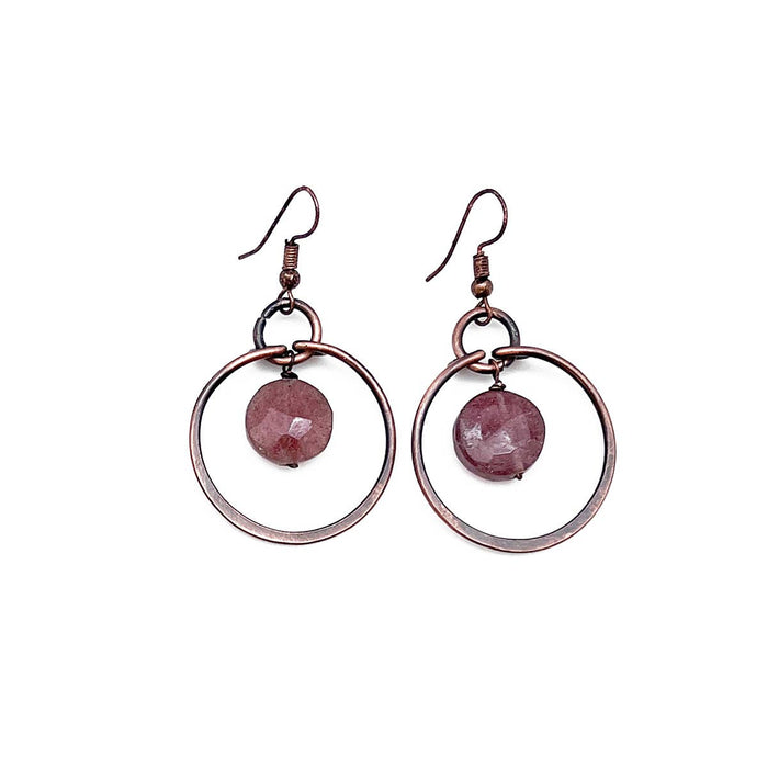 Banjara Earrings - Copper Rings and Strawberry Quartz