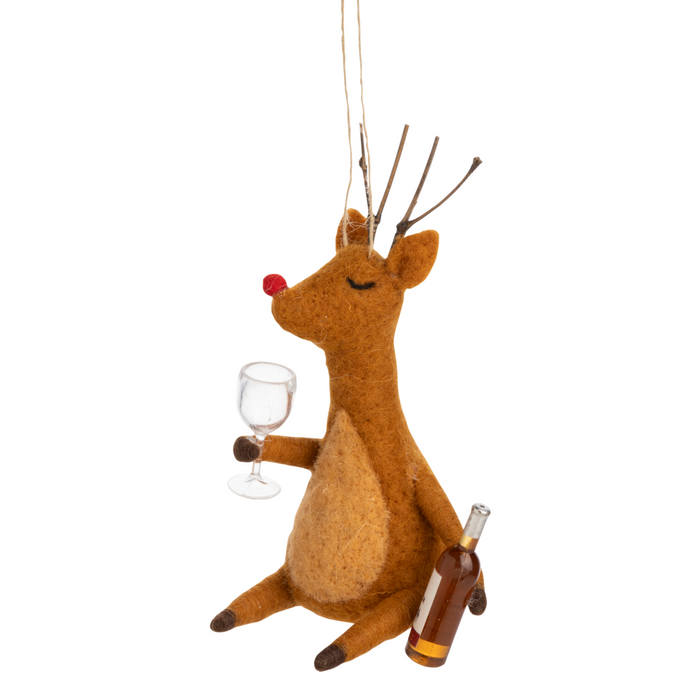 Felt Reindeer With Wine Glass Ornament