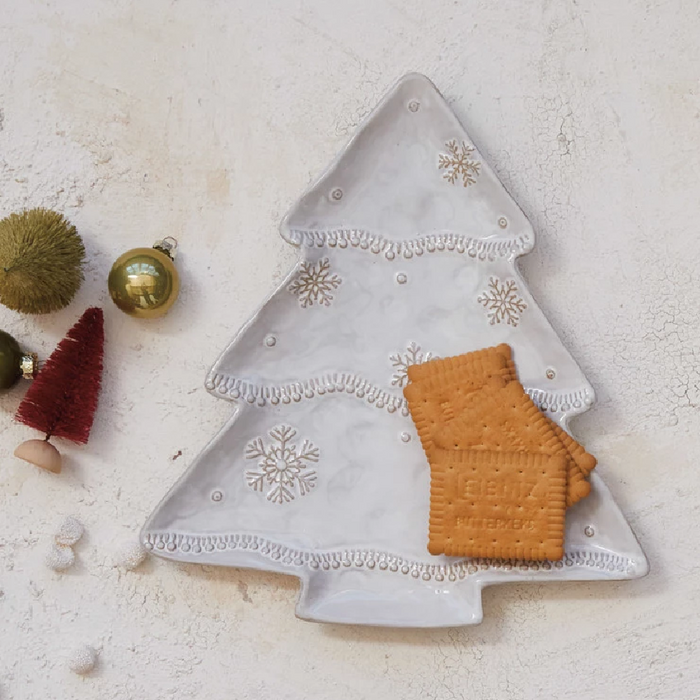 Stoneware Christmas Tree with Snowflakes Plate