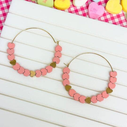 Heart-Bead Chevron Hoop Earrings: Pink