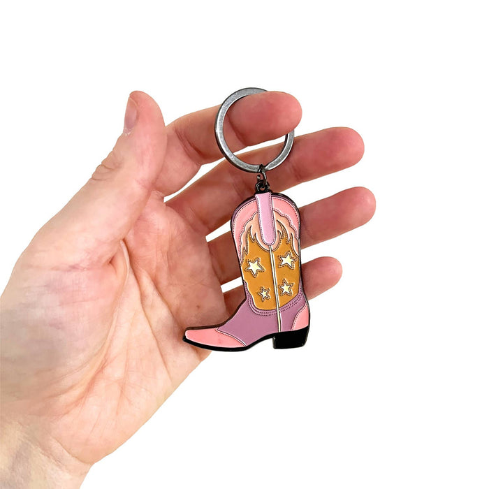 Pink and Yellow Starred Cowboy Boot Enamel Keychain