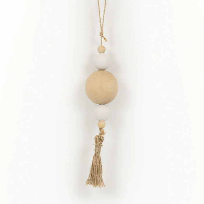 Wood Ornament W/Tassel (Beads) Natural/White